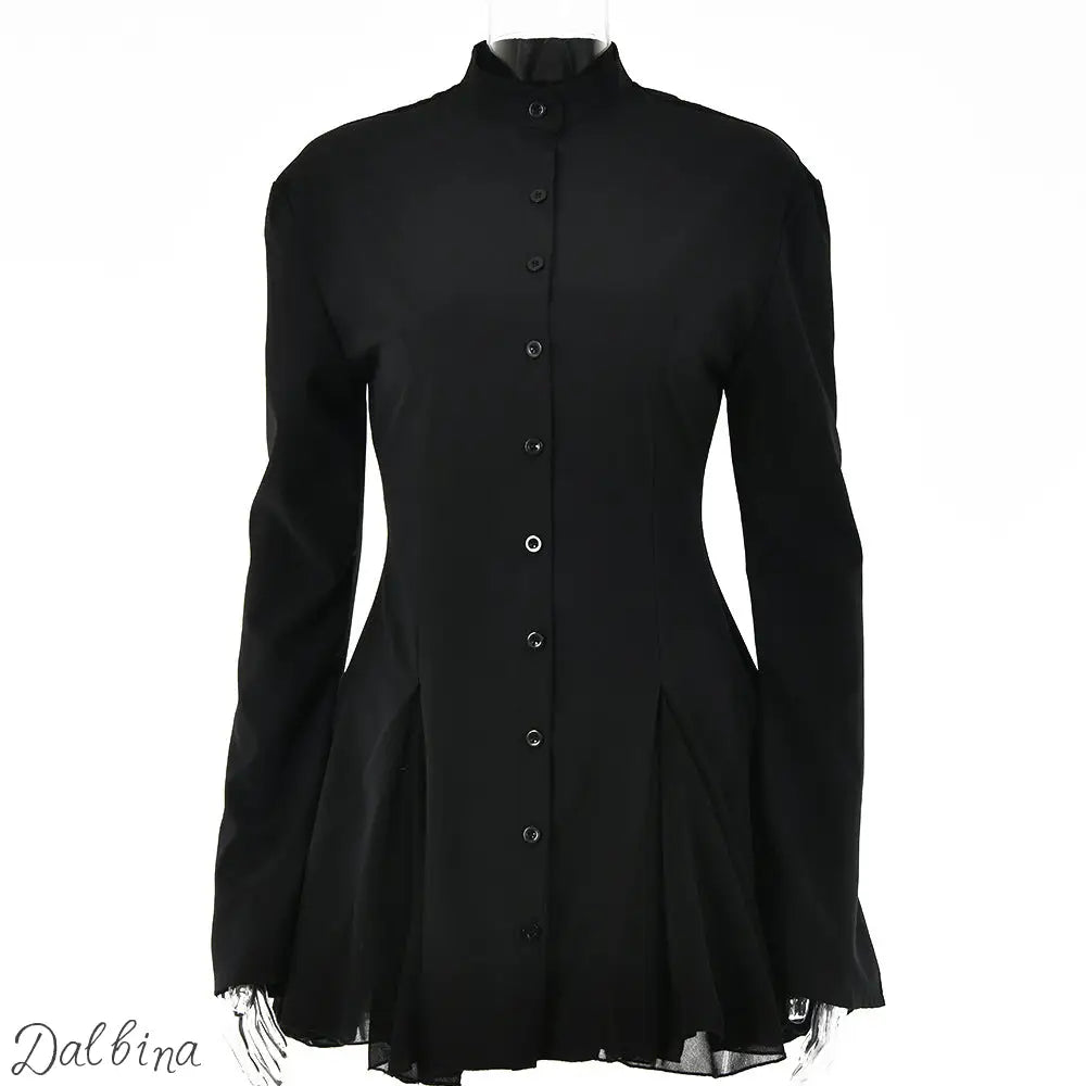 Ruffled Cardigan Crew Neck Long Sleeve Single Breasted Dress