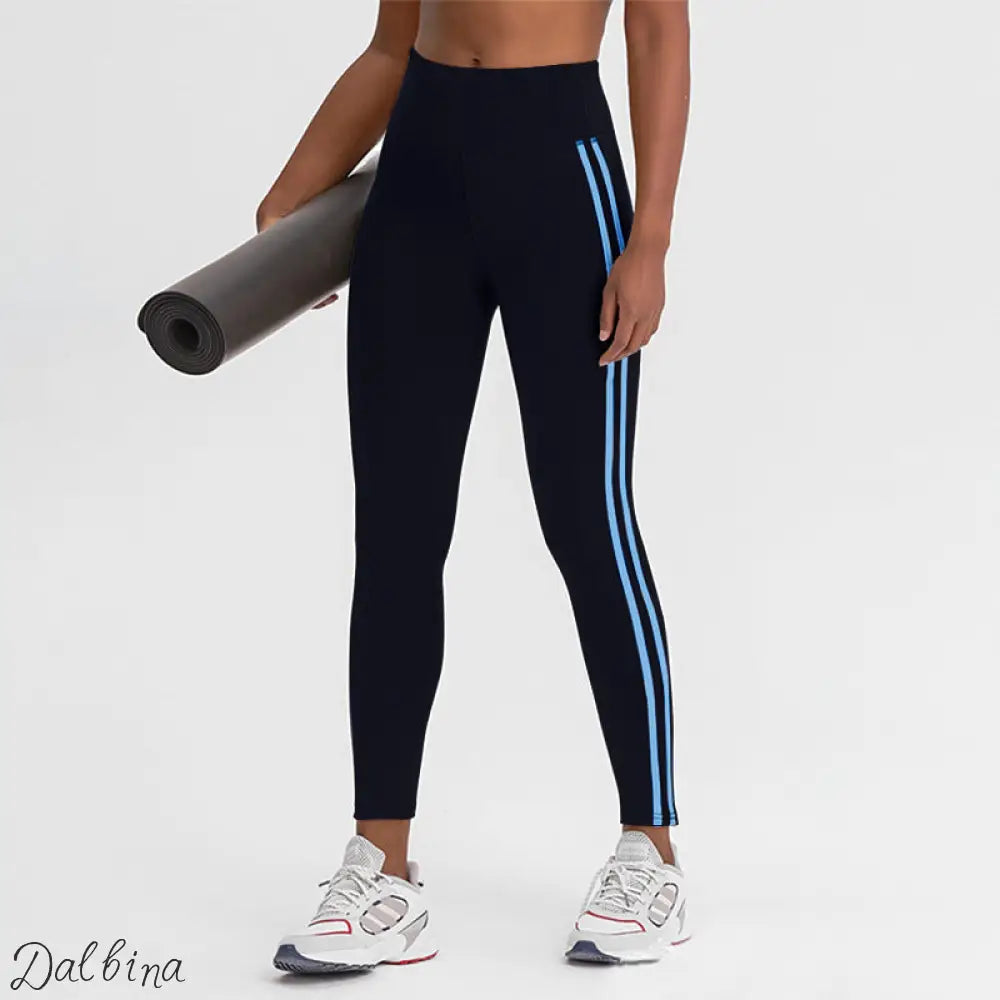 Side Striped Fitness Trousers High Waist Hip Lift Blue Stripes / L