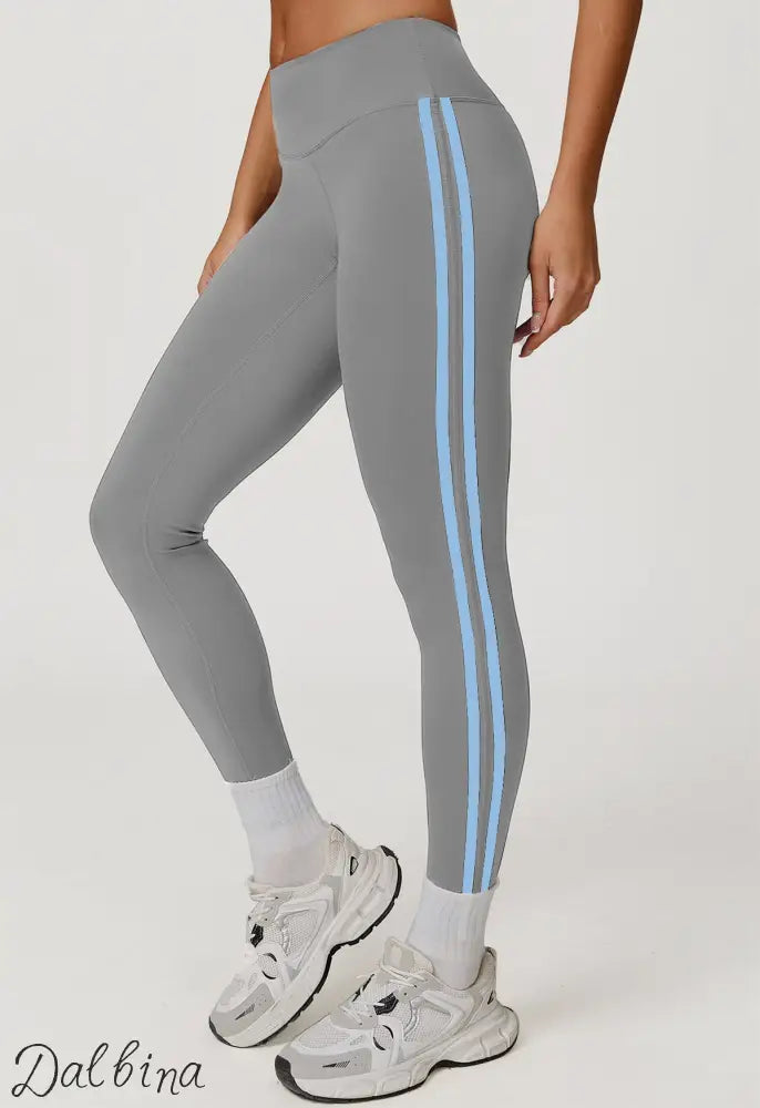 Side Striped Fitness Trousers High Waist Hip Lift Gray And Blue Stripes / L