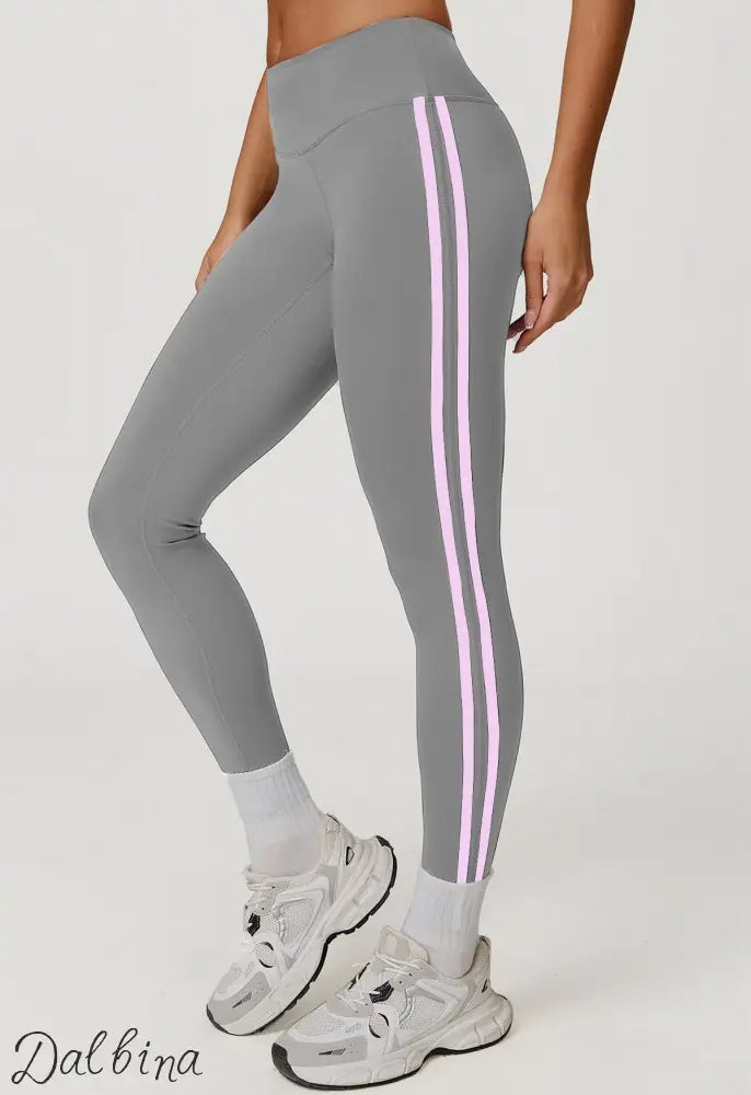 Side Striped Fitness Trousers High Waist Hip Lift Gray Pink Striped / L