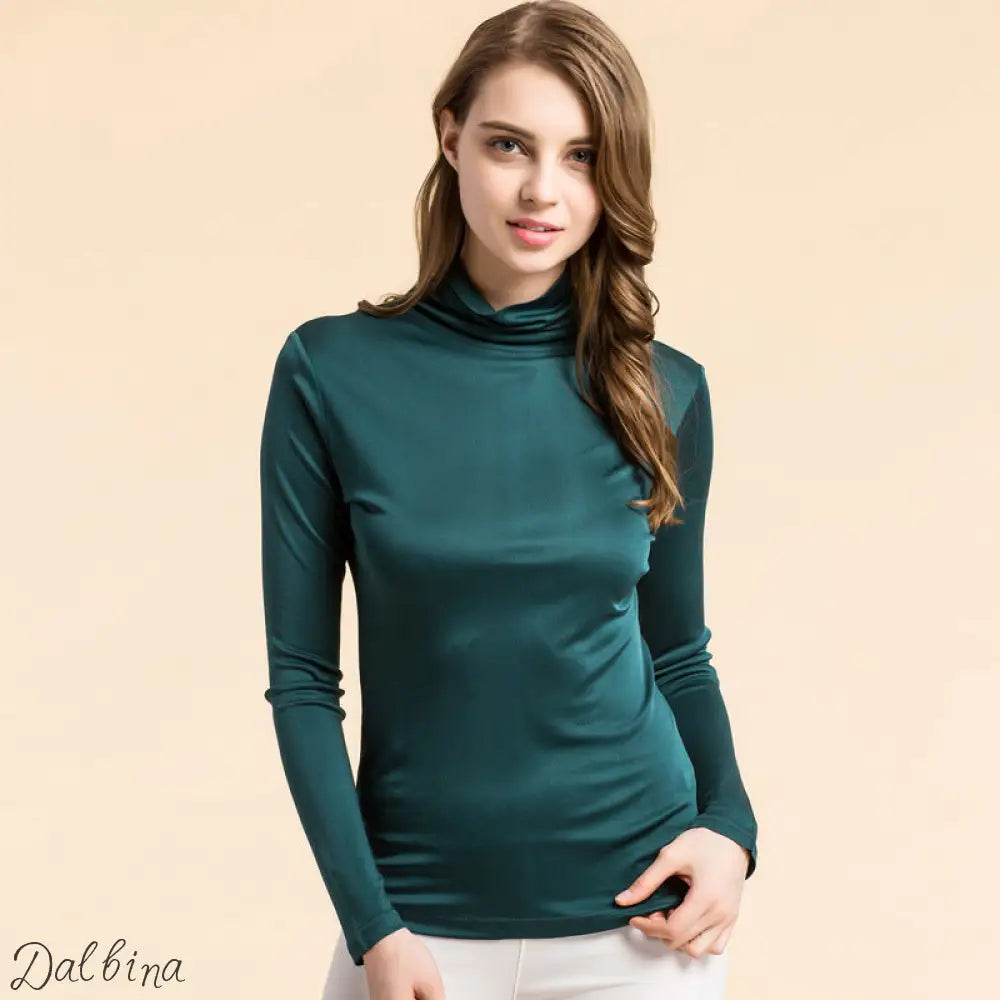Silk High Neck Bottoming Shirt Women’s Pullover Long Sleeve T-shirt Dark green / 3XL T-shirt