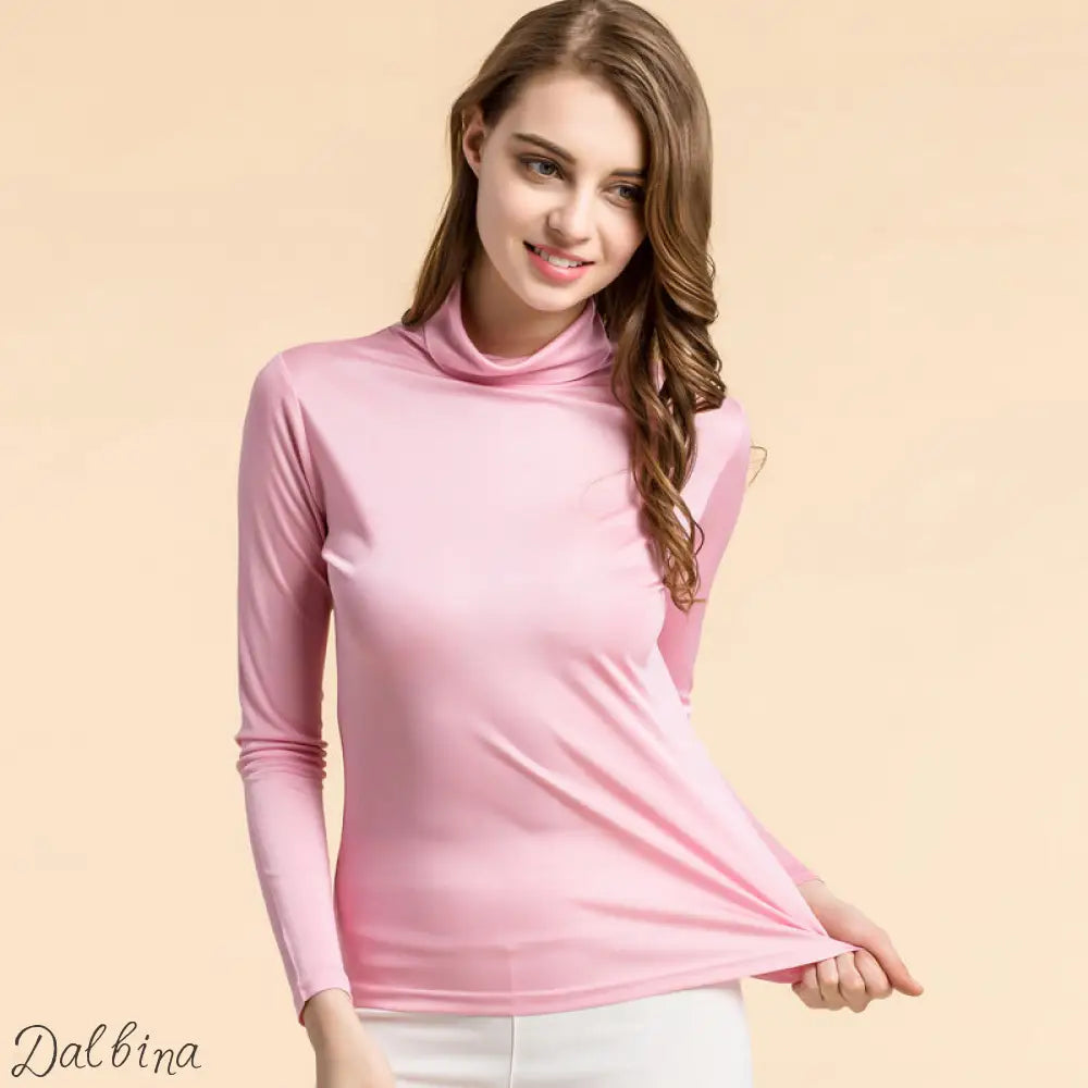 Silk High Neck Bottoming Shirt Women’s Pullover Long Sleeve T-shirt Pink / 3XL T-shirt