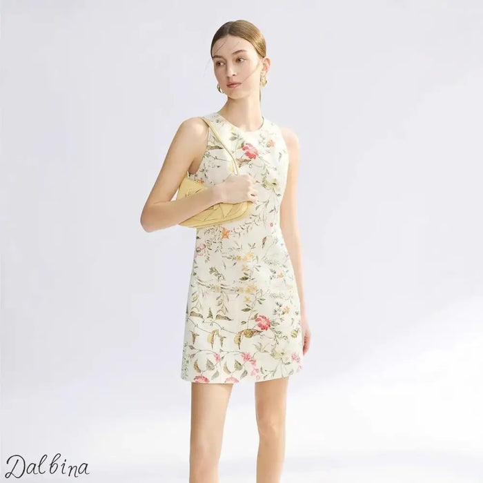 Sleeveless French Jacquard Texture Round Neck Dress Women Statement Dress