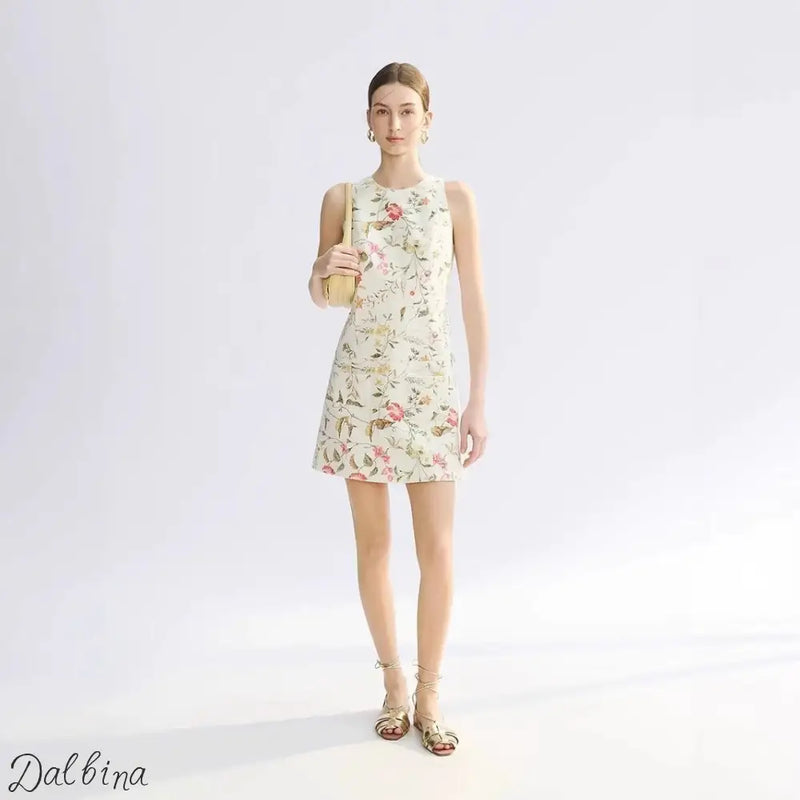 Sleeveless French Jacquard Texture Round Neck Dress Women Statement Dress