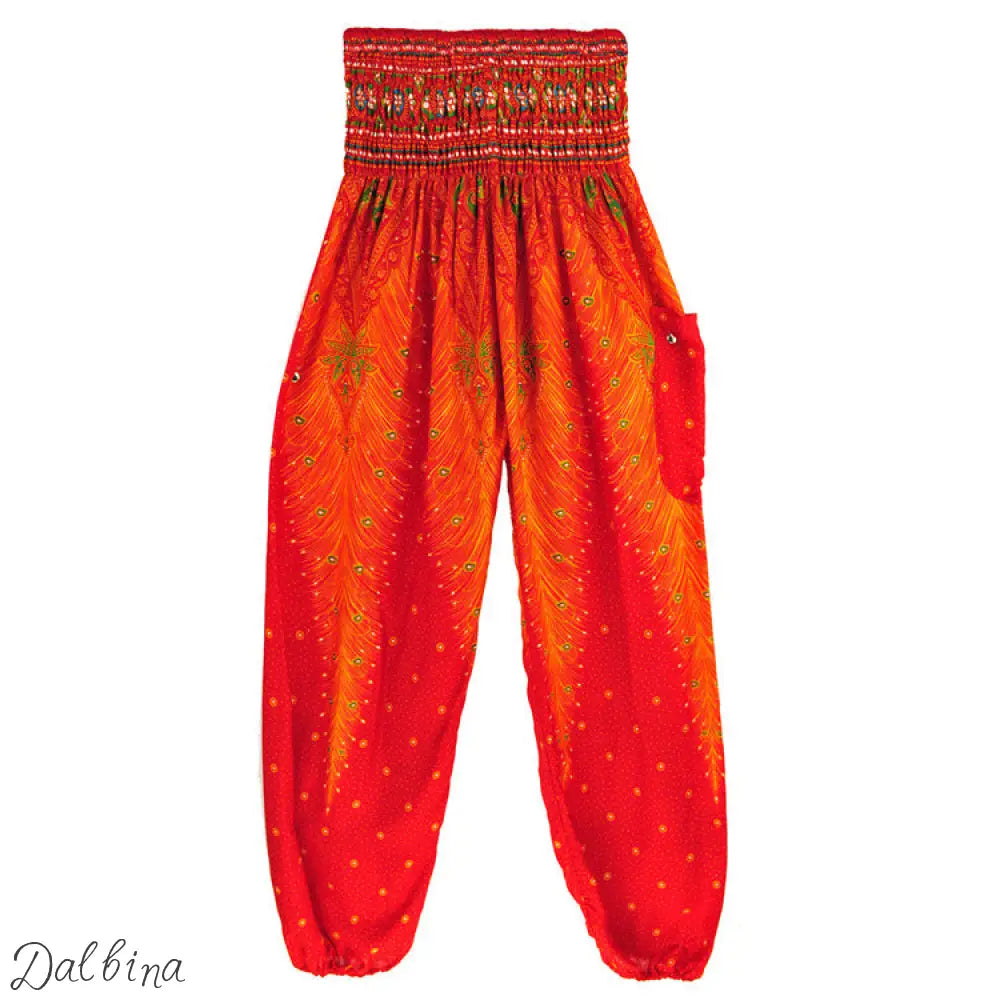 Womens Casual Pants Peacock red H00105 / High waist size