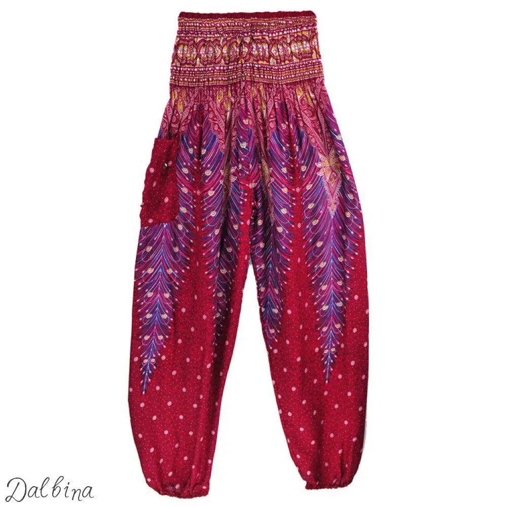 Womens Casual Pants Peacock wine red H00112 / High waist size