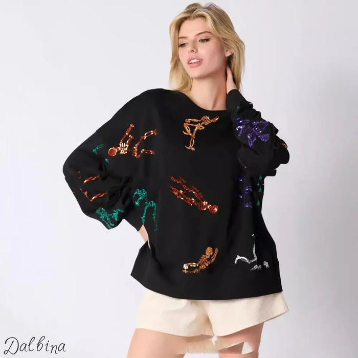 Women’s Halloween Skull Sequined Sweater Loose