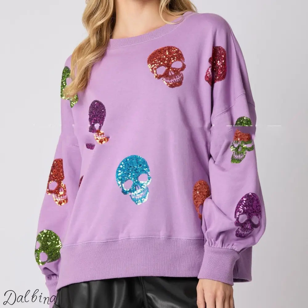 Women’s Halloween Skull Sequined Sweater Loose Purple Skull / L